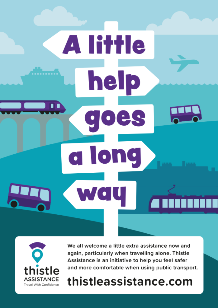 Thistle Assistance poster with green background, including illustrations of a bus and a ferry
